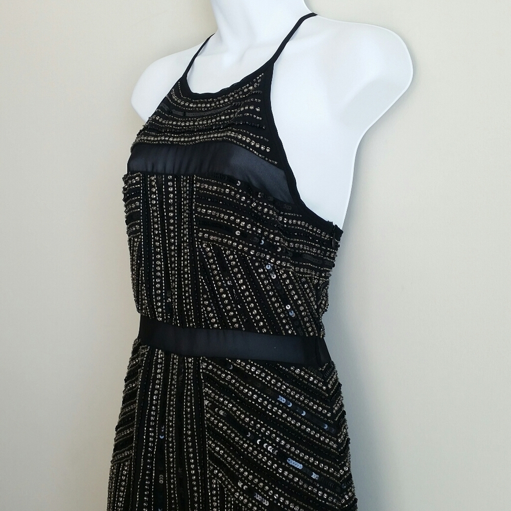 Parker 100% Silk Black Sequin Beaded Mini Dress S… - image 3